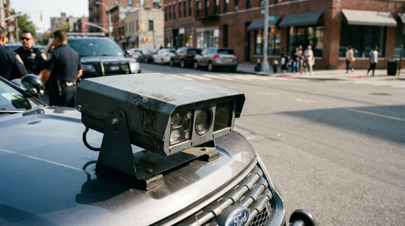 A police car with a modern automated license plate reader camera mounted on the trunk, ready for surveillance.