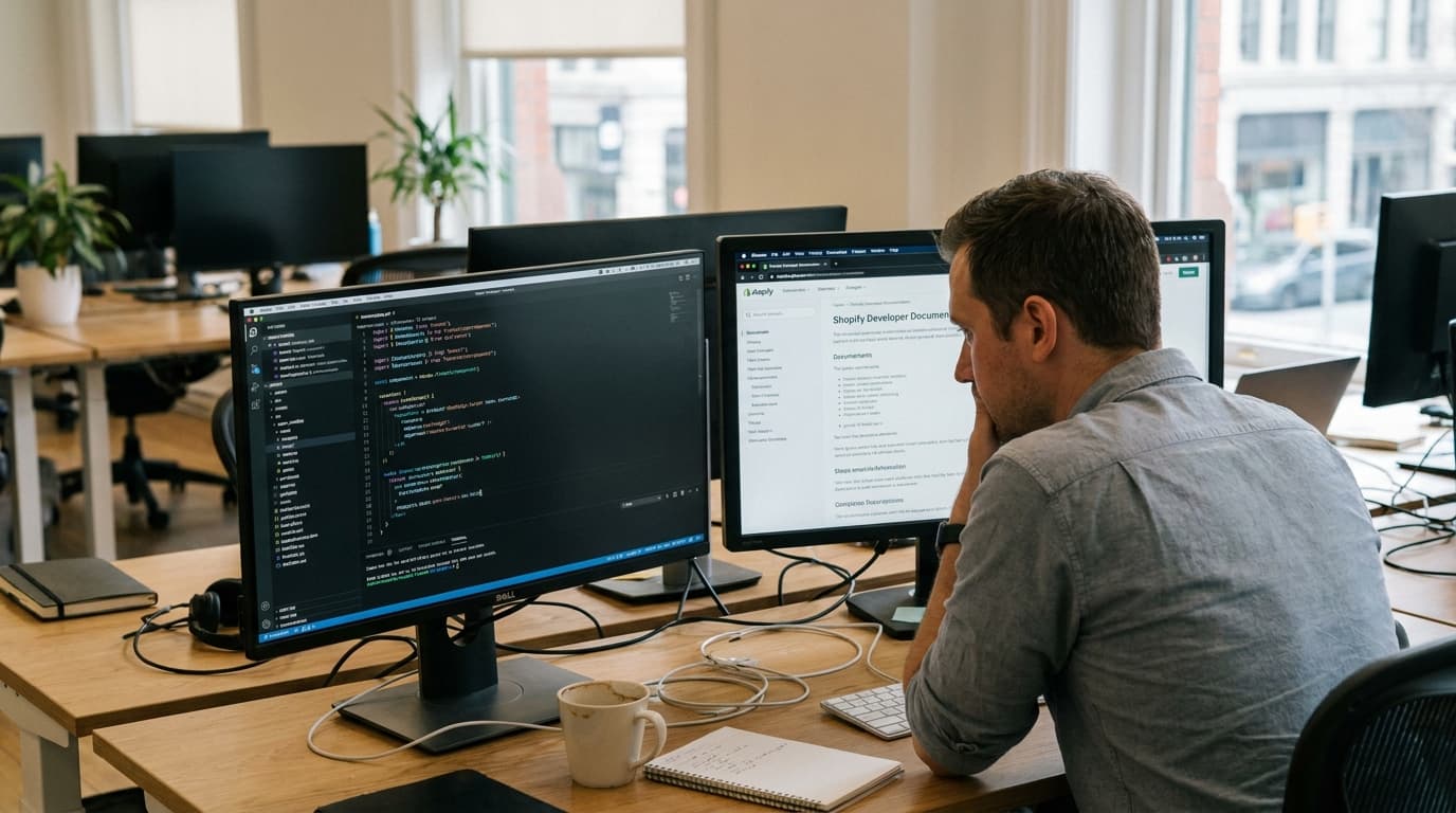 A developer works on updating a Shopify checkout extension on their computer in an office setting.