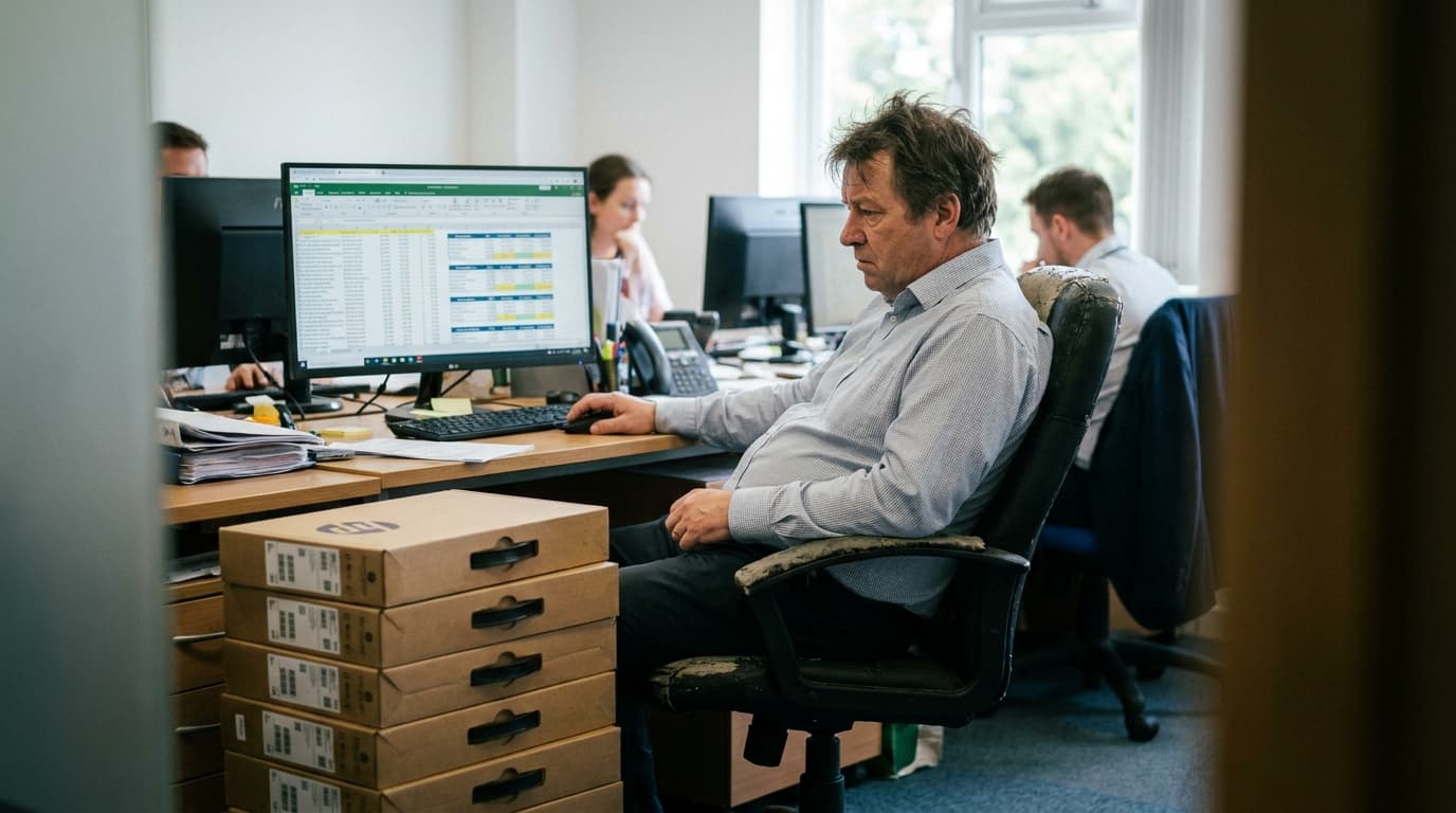 An IT manager reviews rising hardware costs on a computer, with a stack of new, unboxed laptops on the desk.