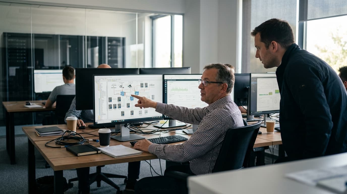 Two engineers in an office collaborating over a computer monitor that shows a system architecture diagram.