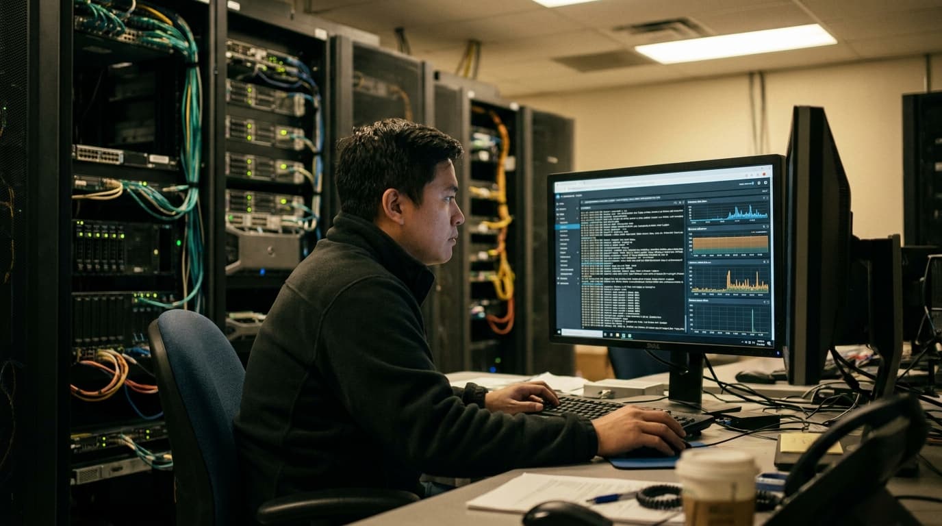 An IT professional in a server room analyzes network traffic data on a large screen to mitigate a DDoS attack.