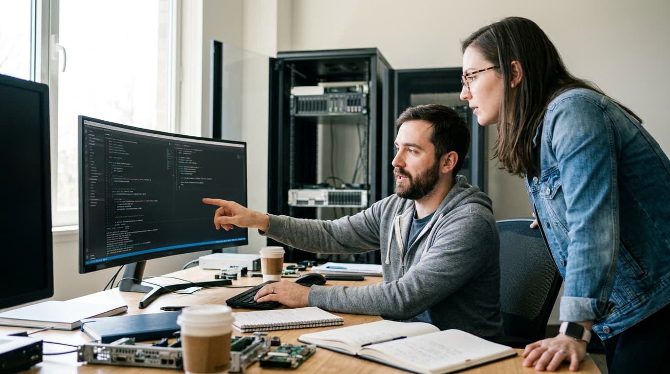 Two software developers collaborate on a code review in a modern office, pointing at a monitor displaying code.