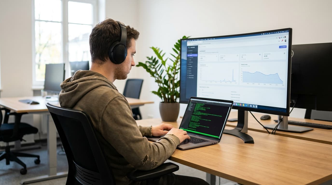 A developer works at a desk with a laptop showing a terminal and a second monitor displaying a web interface.