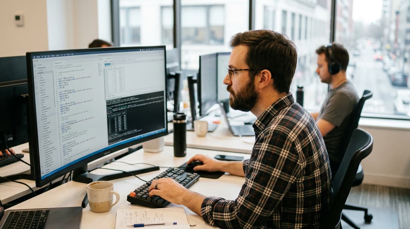 A data analyst works on a SQL query for time-series forecasting on a computer in a modern office setting.