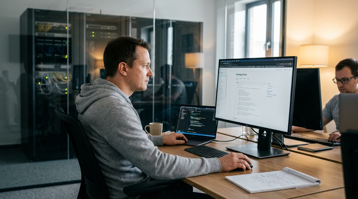 A developer reviews a developer portal on their computer screen in an office setting.