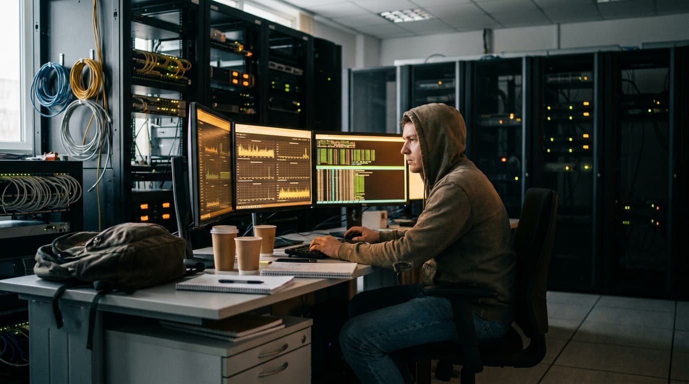 An engineer at a desk with multiple computer monitors displaying system performance data and graphs in an office.