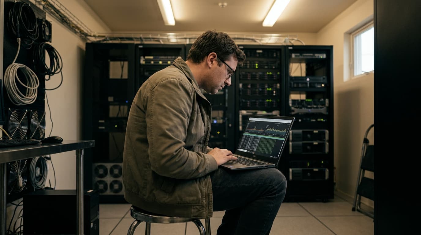 A database administrator analyzes performance data on a laptop inside a data center with server racks in the background.