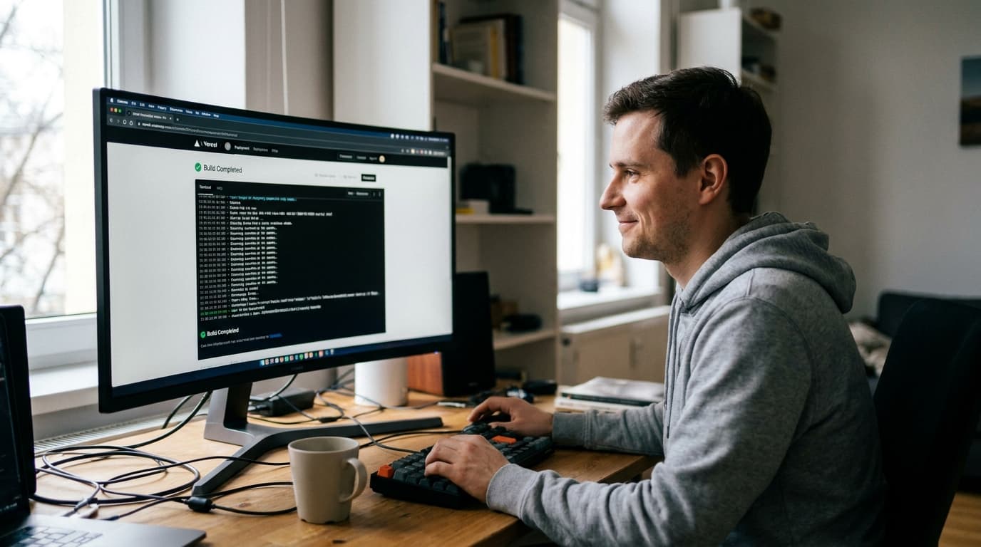 A developer watches a fast-completing Vercel build log on their computer screen in a well-lit office.