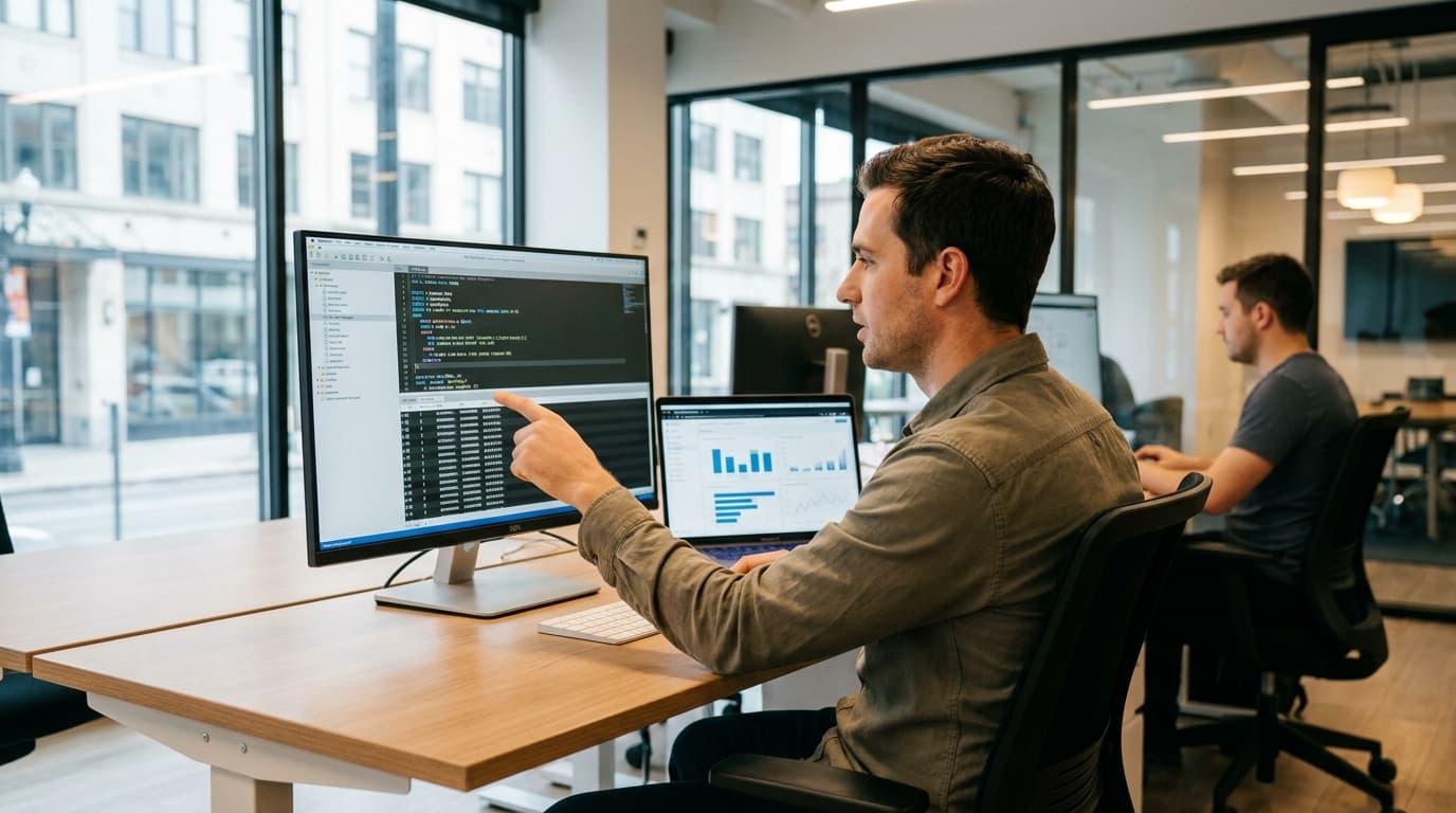 A data engineer in an office environment analyzes a complex query on a large computer monitor.