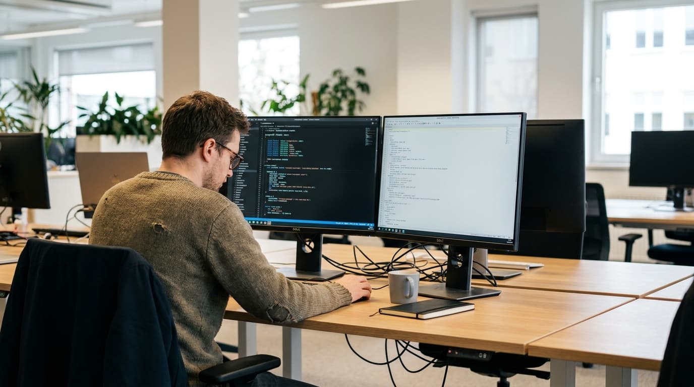 A developer at a desk reviews a PostgreSQL database schema on one screen and a related YAML file on another.
