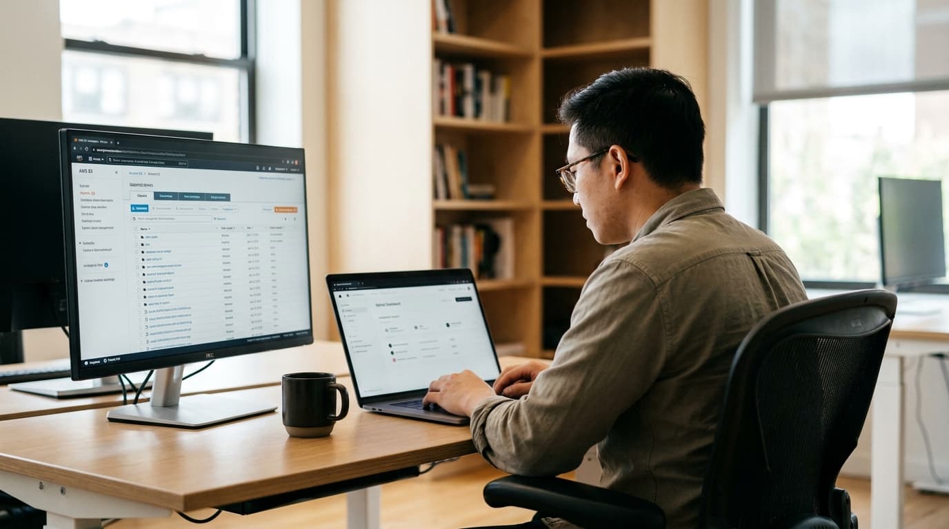 A developer working on a laptop with the Vercel dashboard open, with an adjacent monitor showing the Amazon S3 interface.