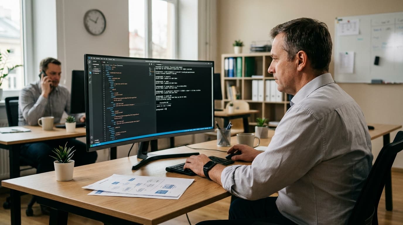 A developer at a desk reviews YAML code for PostgreSQL schema management on a computer monitor in an office setting.