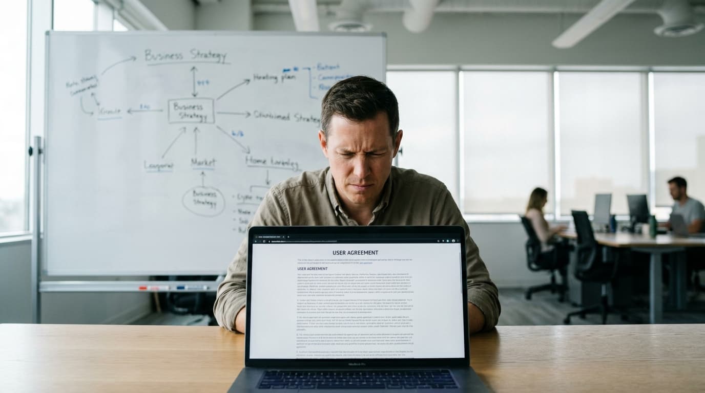 A business professional reviews a legal document on a laptop in an office setting.