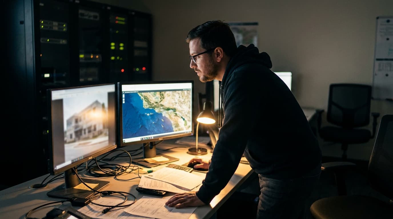 A security professional analyzes a photo on one screen and a map on another in a modern command center.