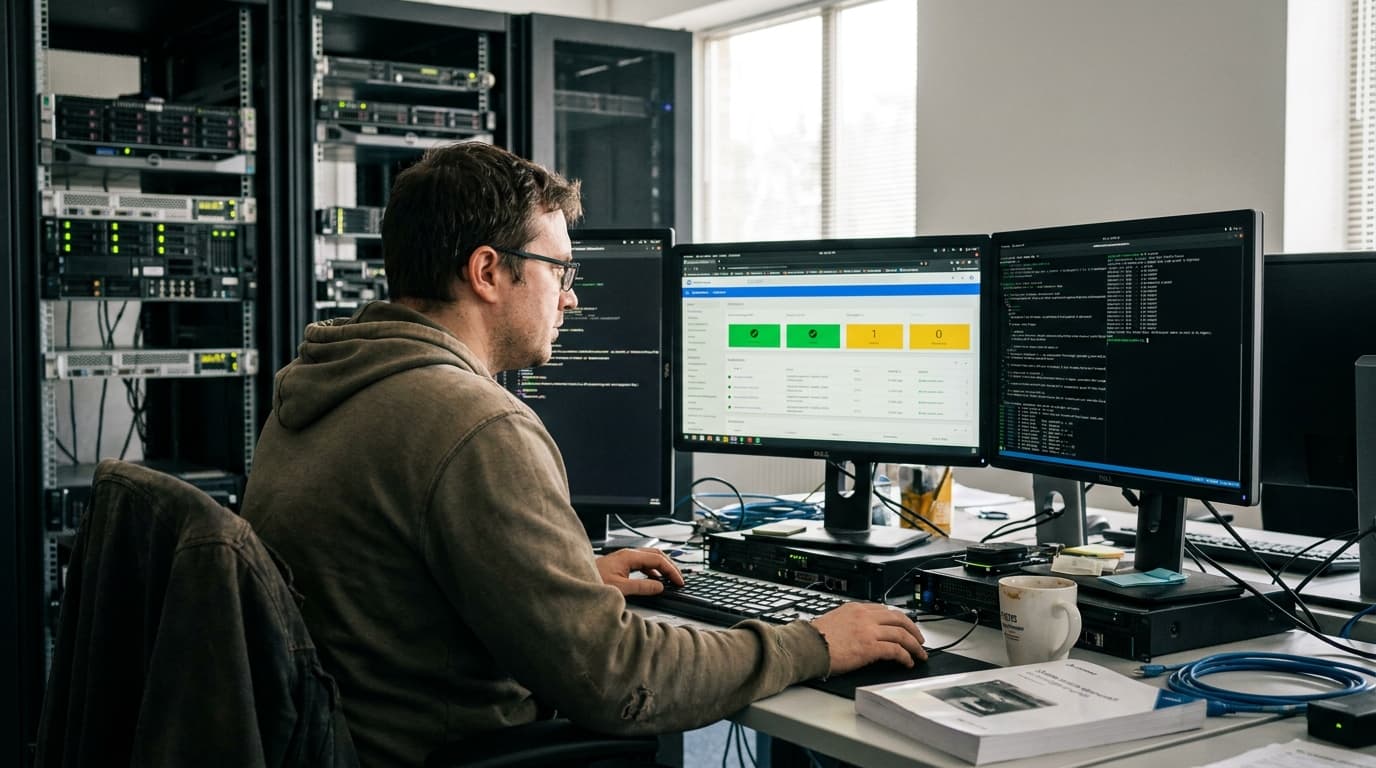 A security engineer works on a computer in a data center, analyzing a Kubernetes dashboard on one of the monitors.