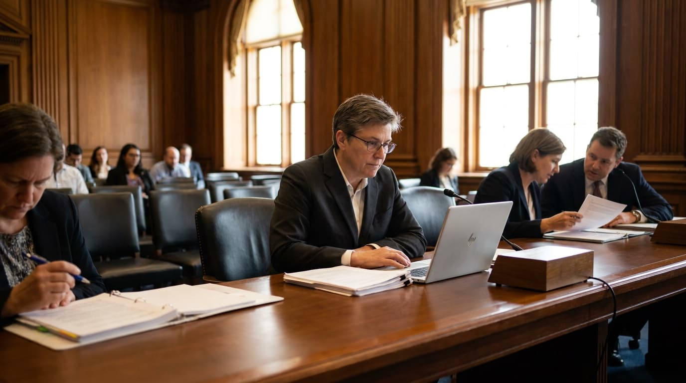 A group of government officials seated at a long desk in a formal meeting room, reviewing legal documents and laptops.