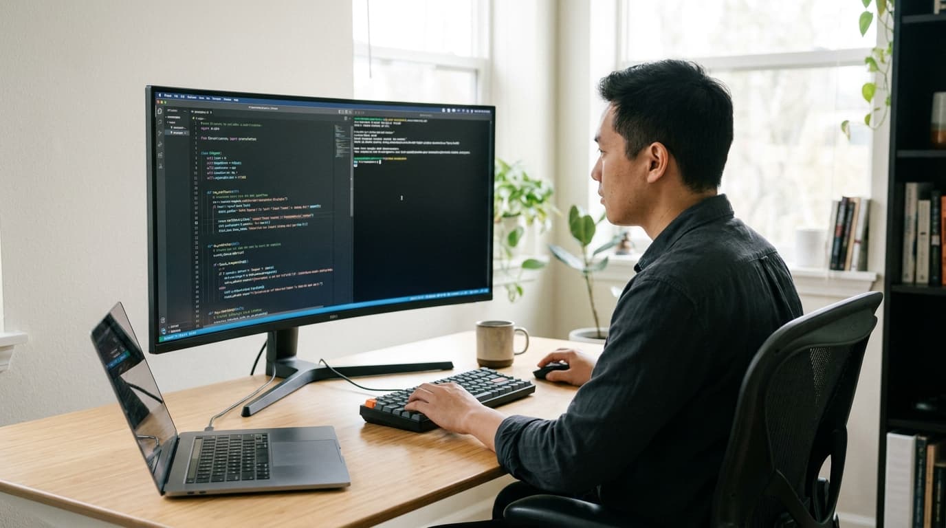 A developer at their desk examines code for an AI agent on their computer monitor in an office setting.