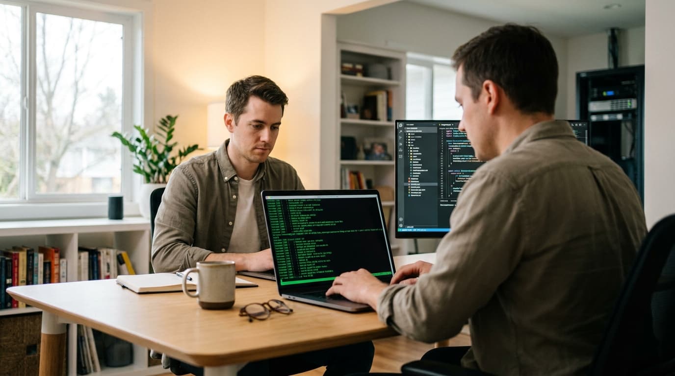A developer working on code for the Vite+ toolchain on a laptop in a well-lit office environment.