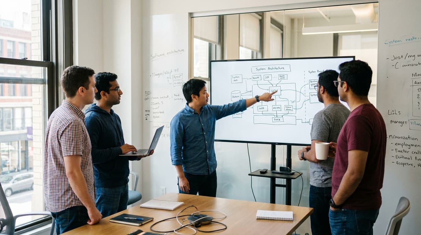 A group of engineers collaborates in a meeting room, analyzing a system dependency map on a large screen.