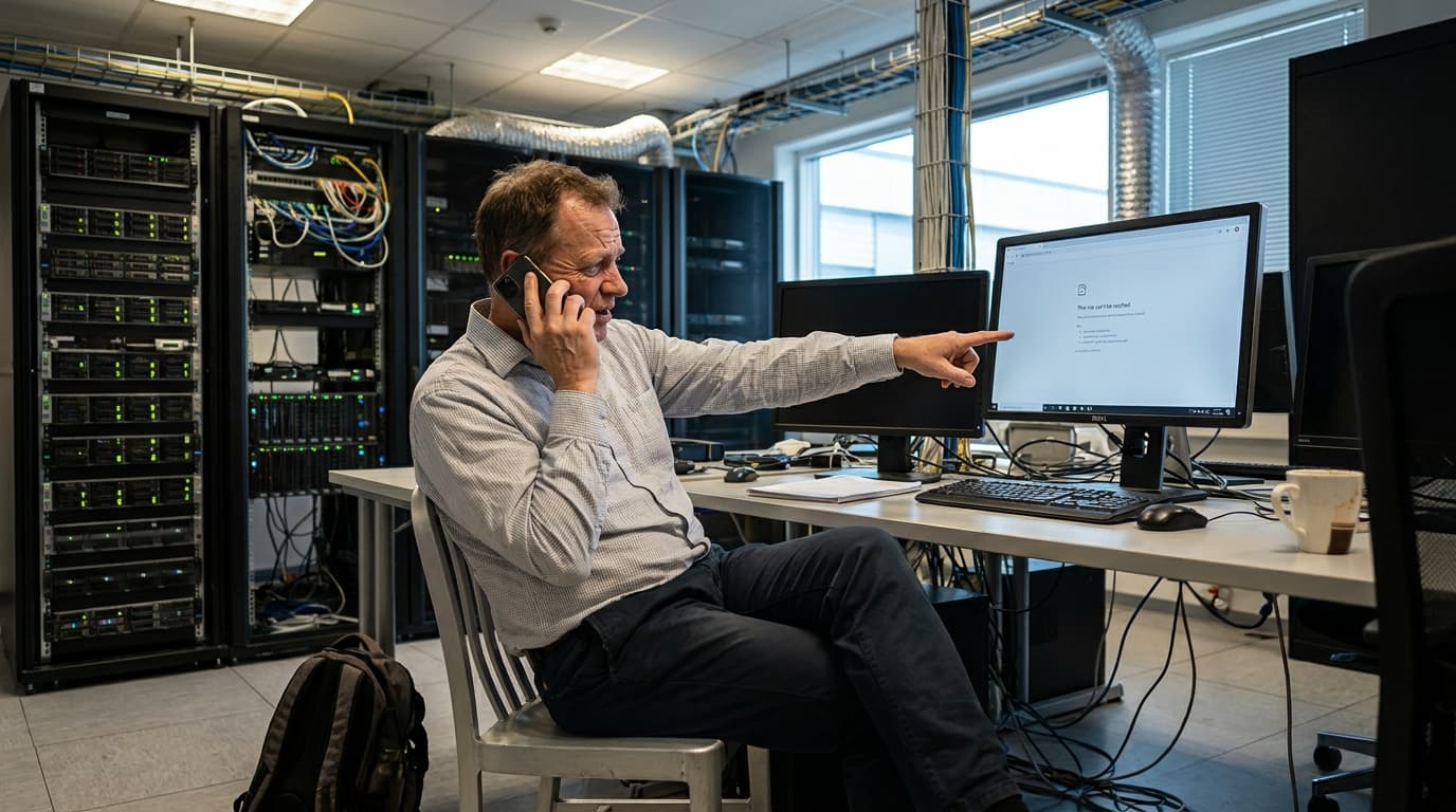 A concerned IT professional on a support call in a server room, with a computer screen showing a website connection error.
