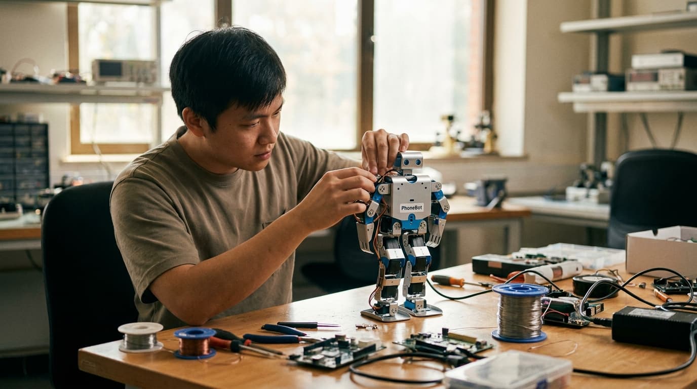 A small humanoid robot, PhoneBot, stands on a workbench in a lab while a researcher makes adjustments to it.