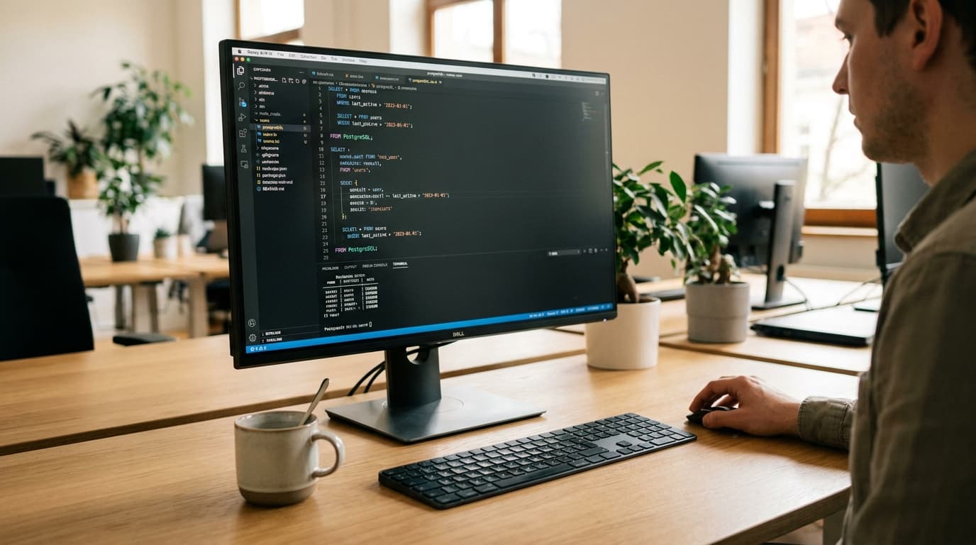 A developer reviews PostgreSQL code on a computer monitor in a well-lit office environment.