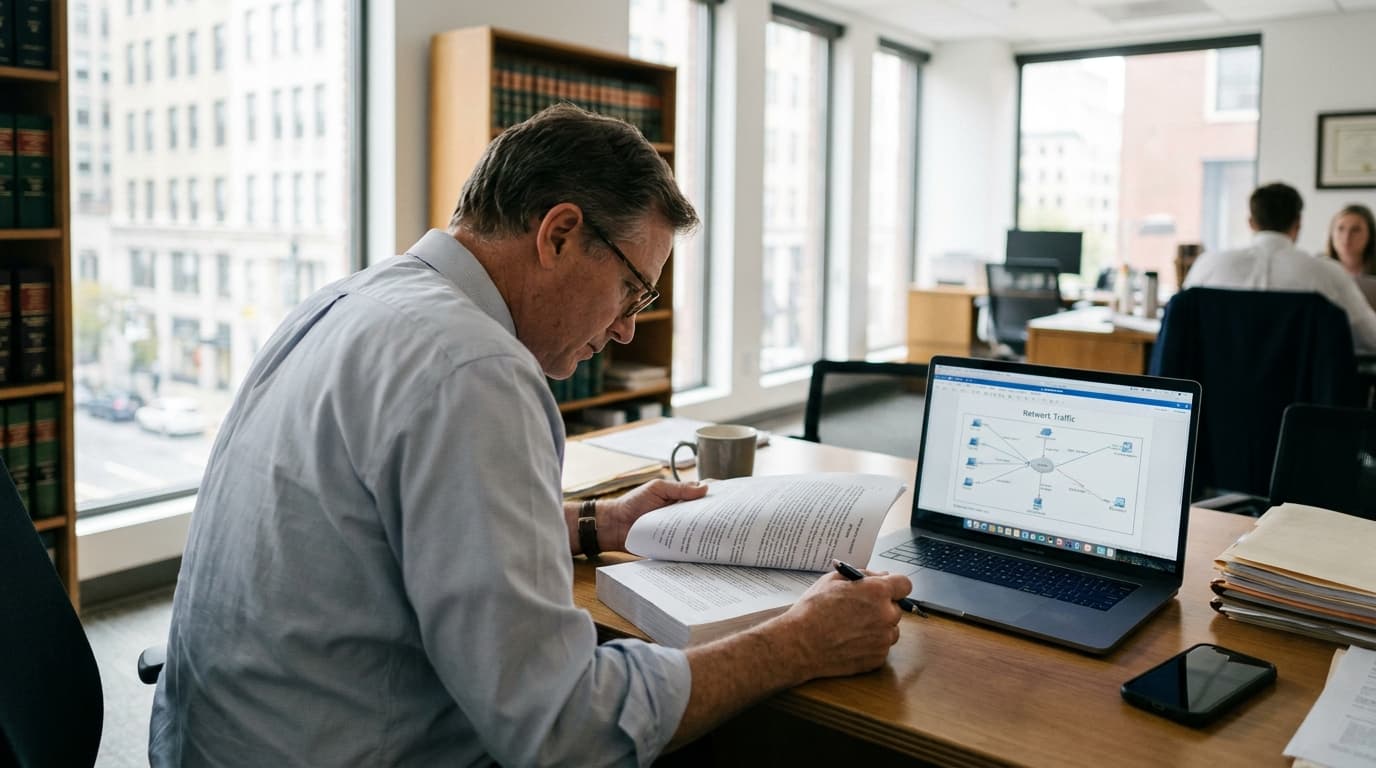A person at a desk compares a legal document to a network diagram shown on a laptop screen.