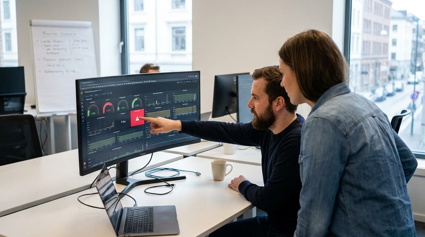 Two engineers in an office discussing a cloud infrastructure dashboard displayed on a large computer monitor.