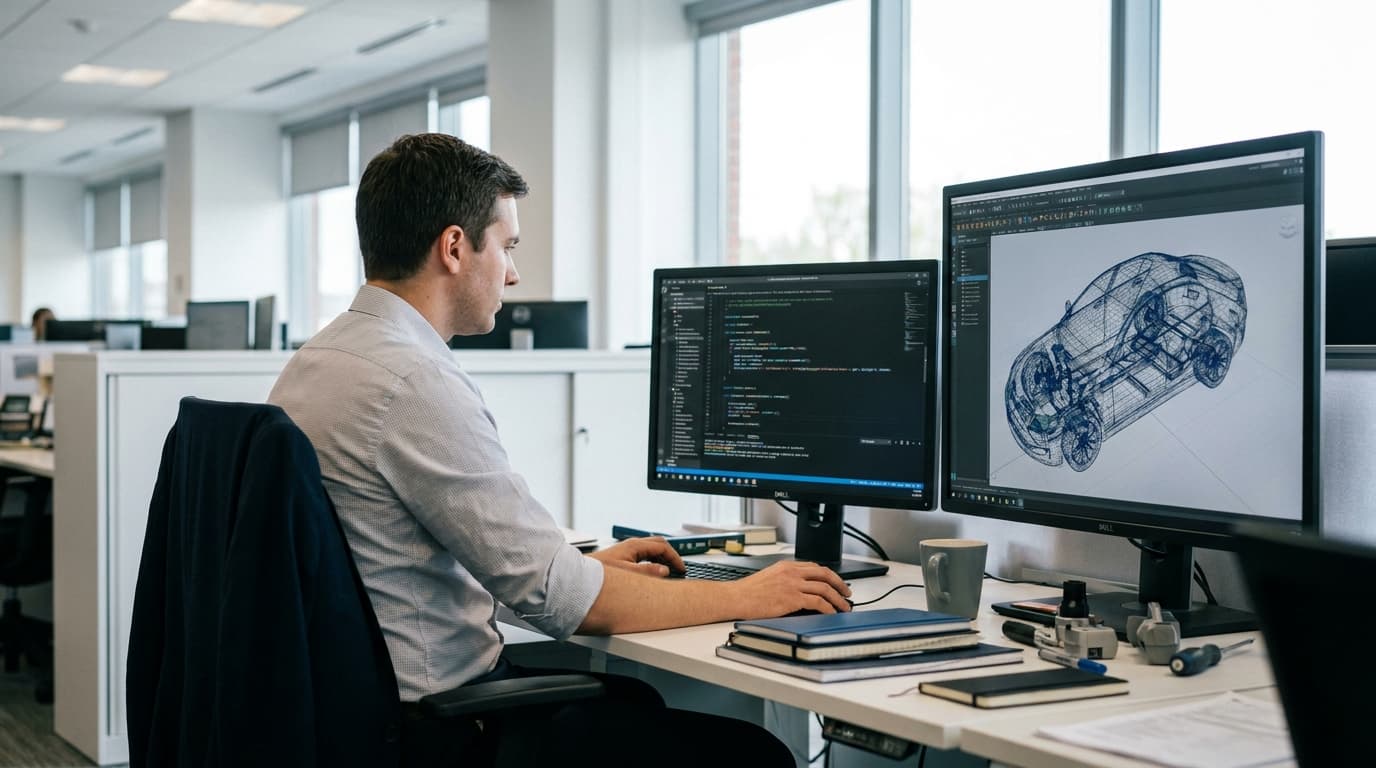 An engineer working on virtual vehicle development with a car's digital model on a computer screen.