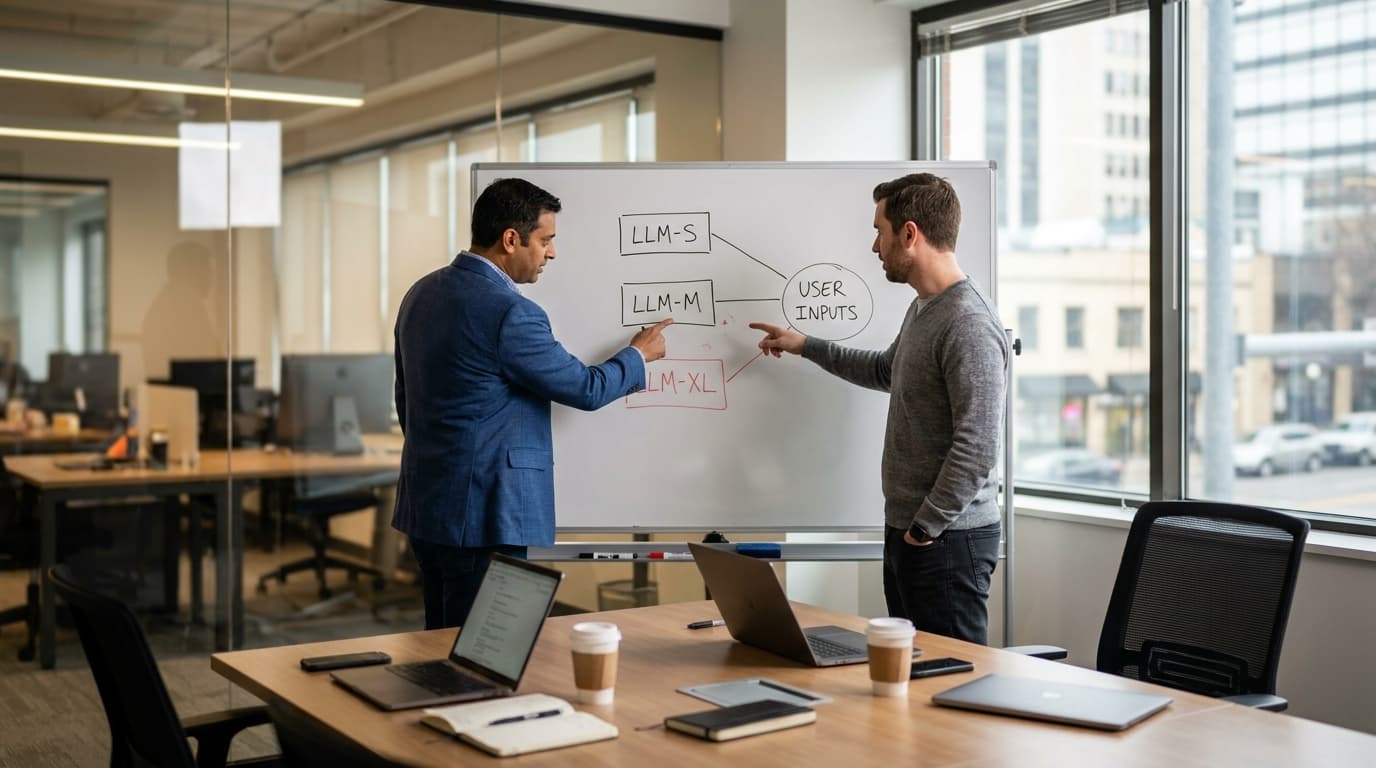 A CTO and developer discuss AI model architecture at a whiteboard showing diagrams for small, medium, and large models.