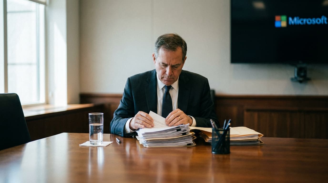 A government regulator reviews legal documents concerning Microsoft at a formal hearing table.