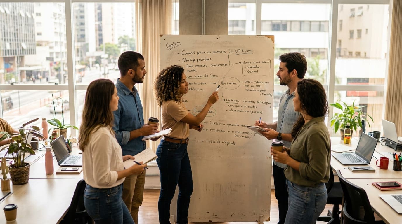 A team of tech entrepreneurs discusses plans in a contemporary office space in Latin America.
