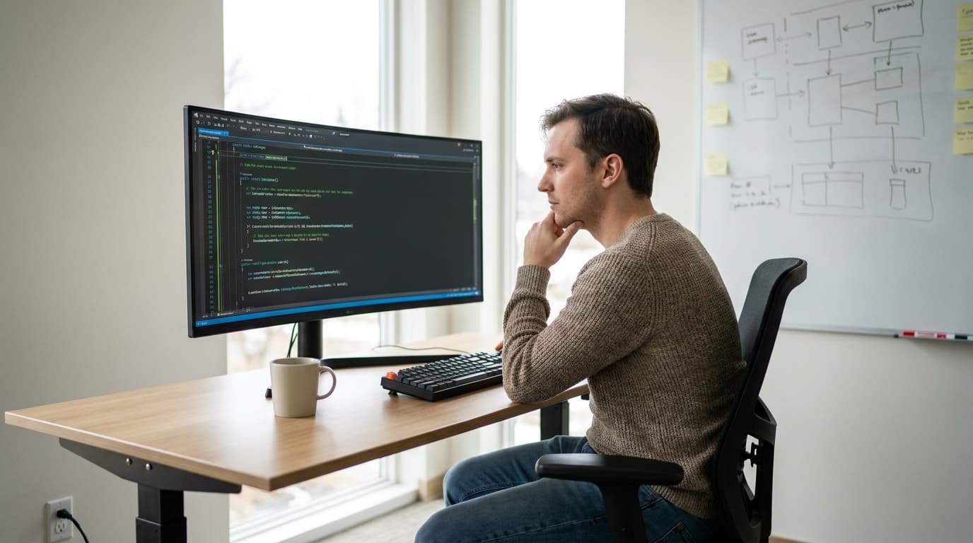 A software developer at their desk analyzing C# code for a .NET application on a computer monitor in an office.