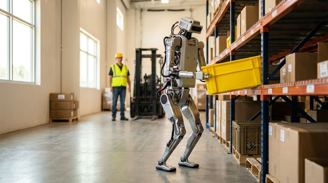 The Digit 5 humanoid robot lifts a yellow bin in a warehouse setting, demonstrating its capability for logistics and automation tasks.