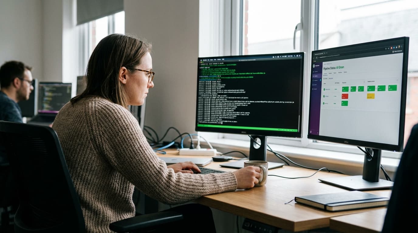 A developer at their desk reviews code on one screen while a Buildkite CI/CD pipeline dashboard is displayed on another.