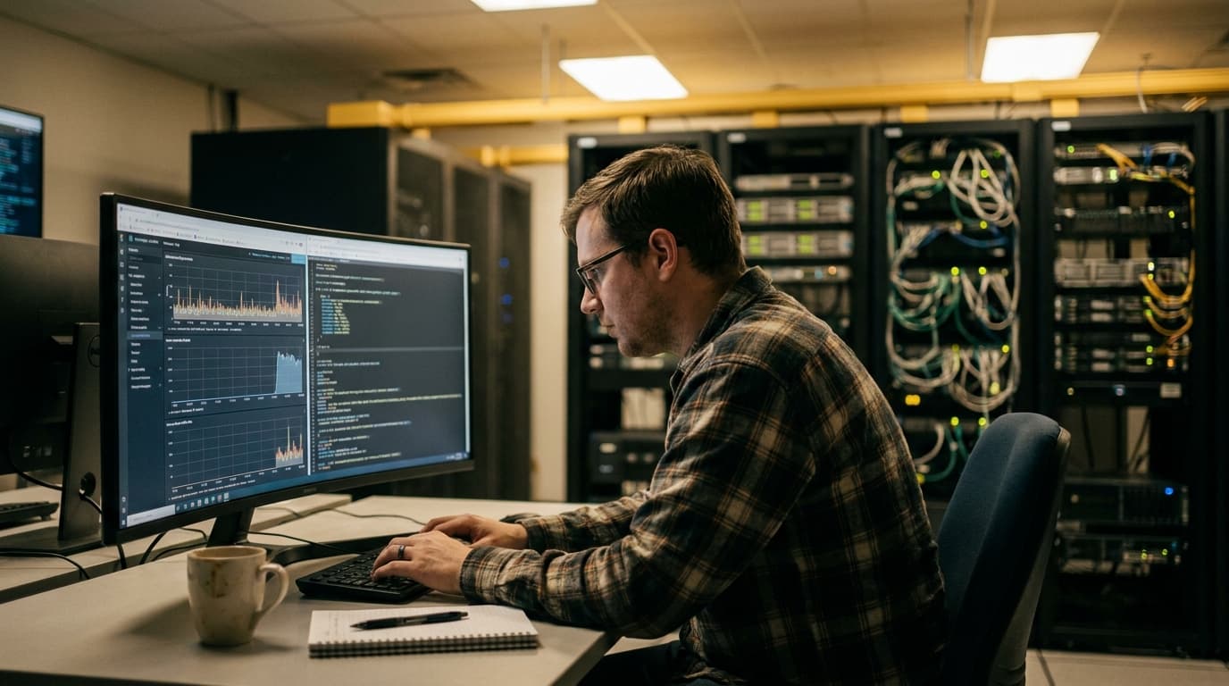 An IT security analyst in an office monitors network data on a large screen, with data center server racks in the background.