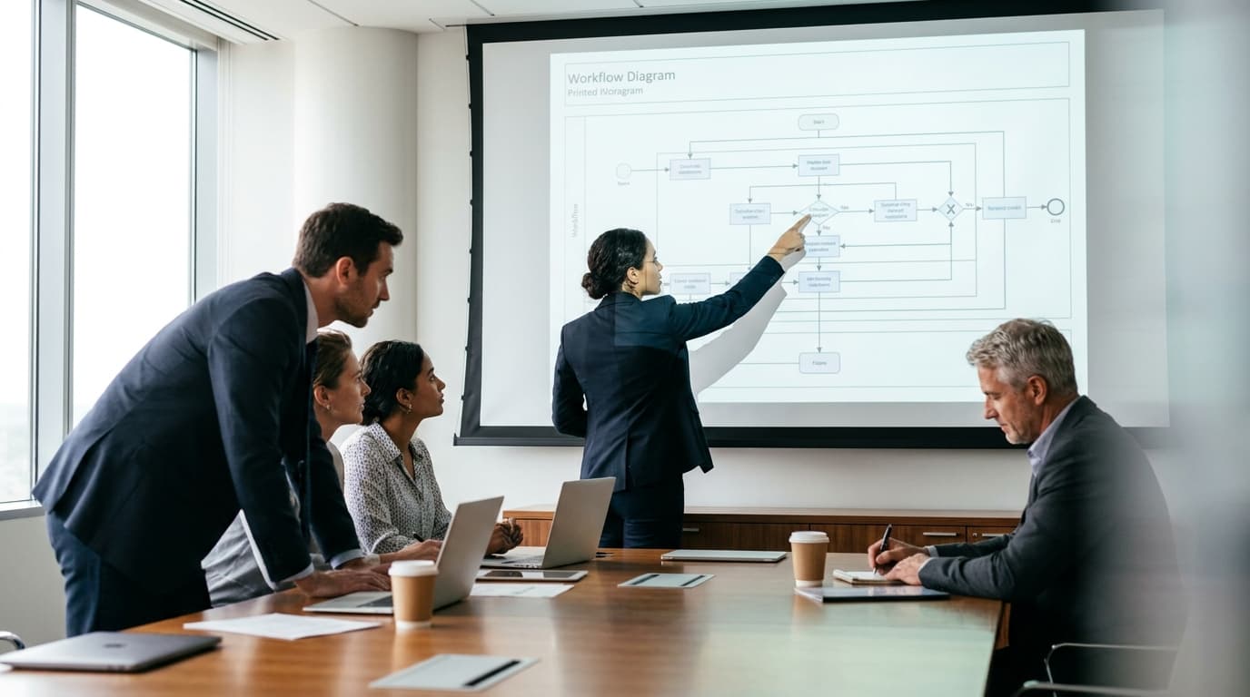 A team of business leaders discusses a strategic plan displayed on a large screen during a meeting in a conference room.