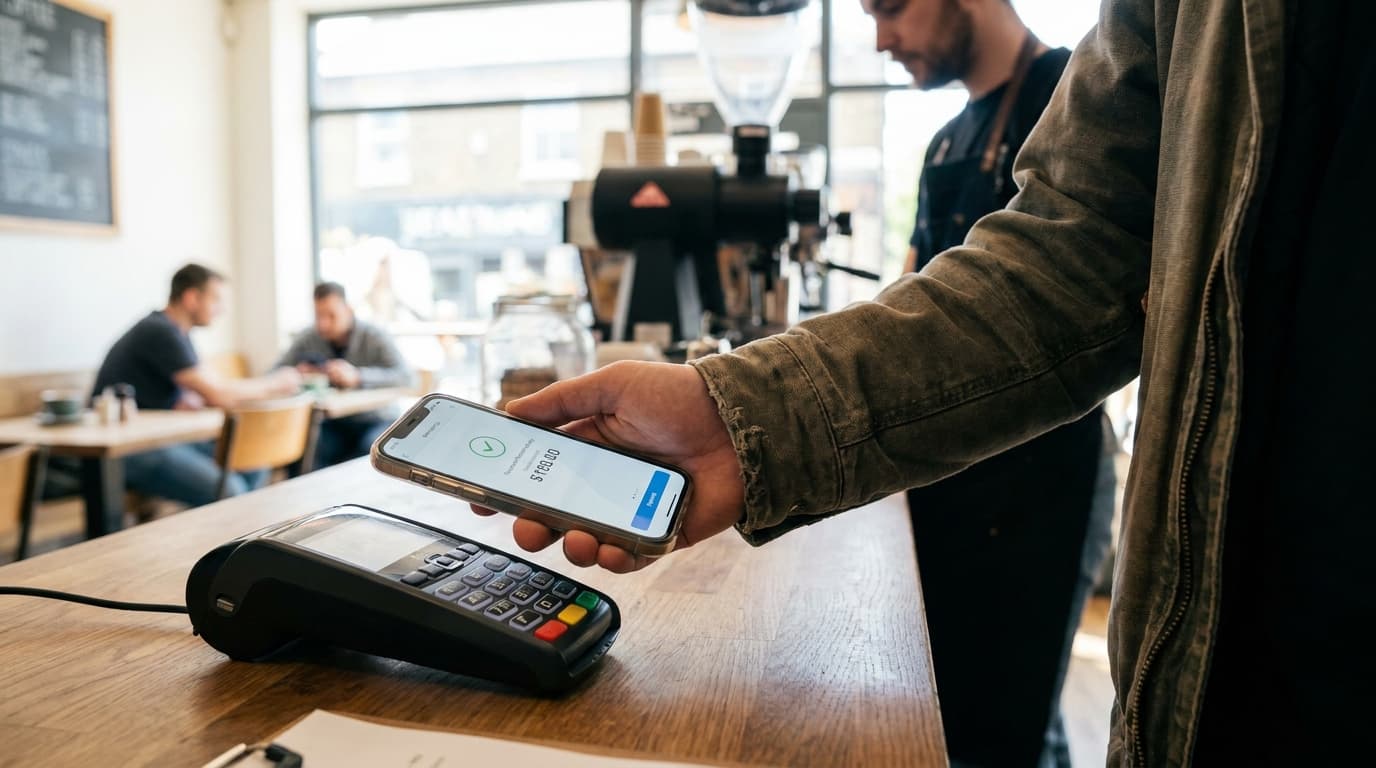 A person uses their iPhone to make a contactless payment at a store terminal, using a third-party banking app.