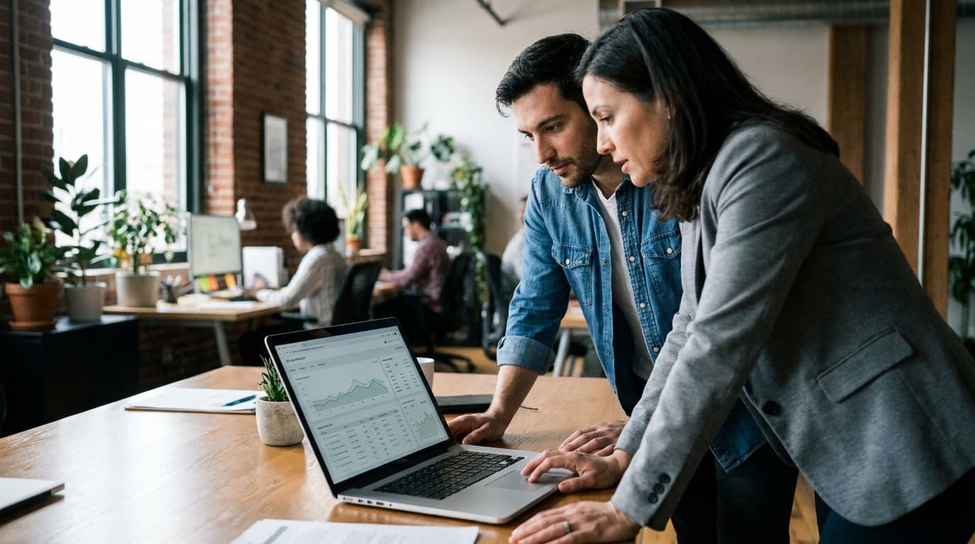 A data analyst and a business manager collaborate over a laptop showing business intelligence dashboards in a modern office meeting room.