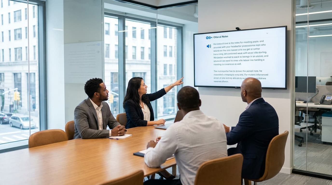 A group of colleagues in a meeting room review an automatically generated transcript on a large monitor.