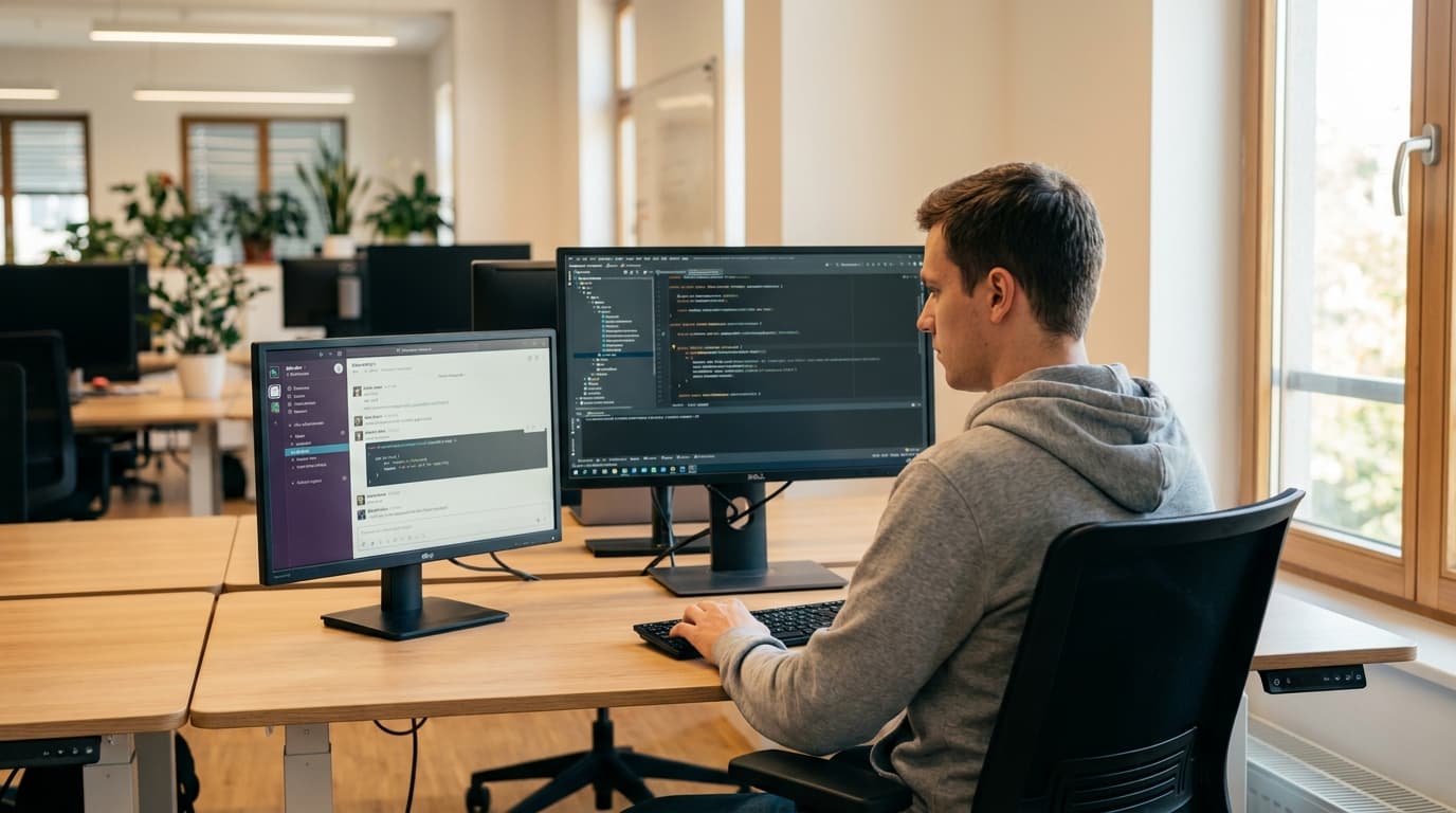A developer works on code in an IDE on one monitor while referencing an AI chat assistant on a second monitor.