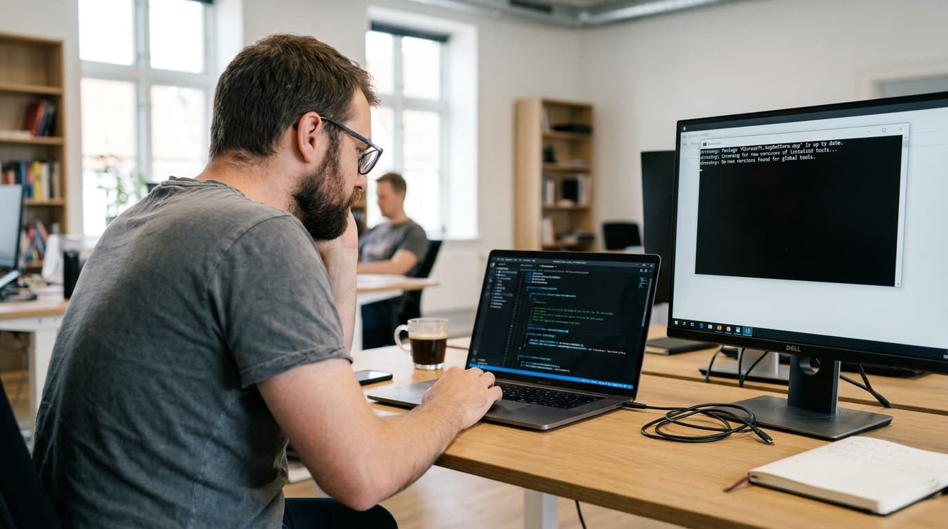 A developer at their desk using a command-line tool on one screen while viewing C# code on a laptop.