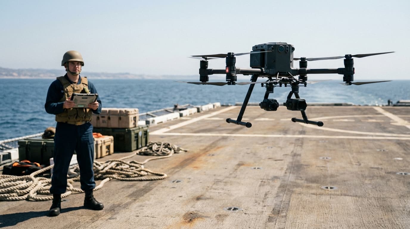 A gray military drone prepares to land on the deck of a navy ship, with the ocean visible in the background.