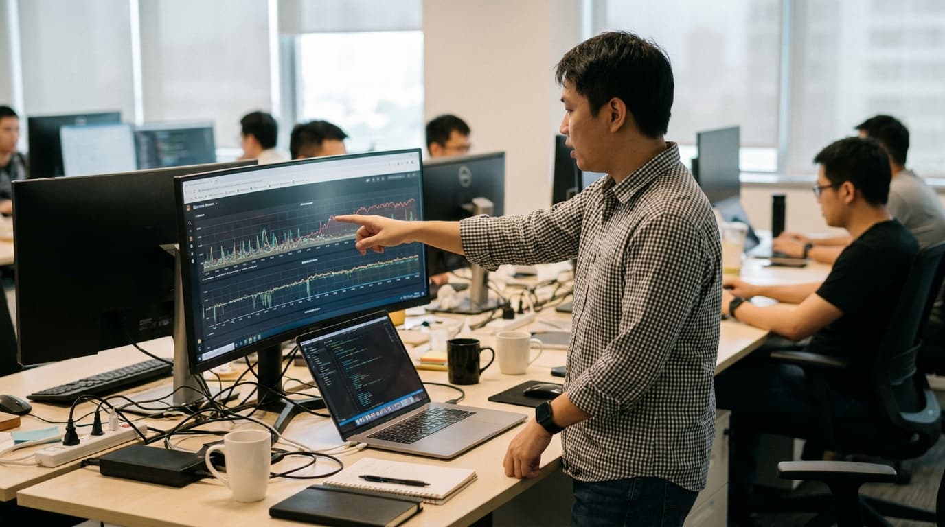 A database administrator analyzes PostgreSQL performance reports on a large computer monitor in an office.