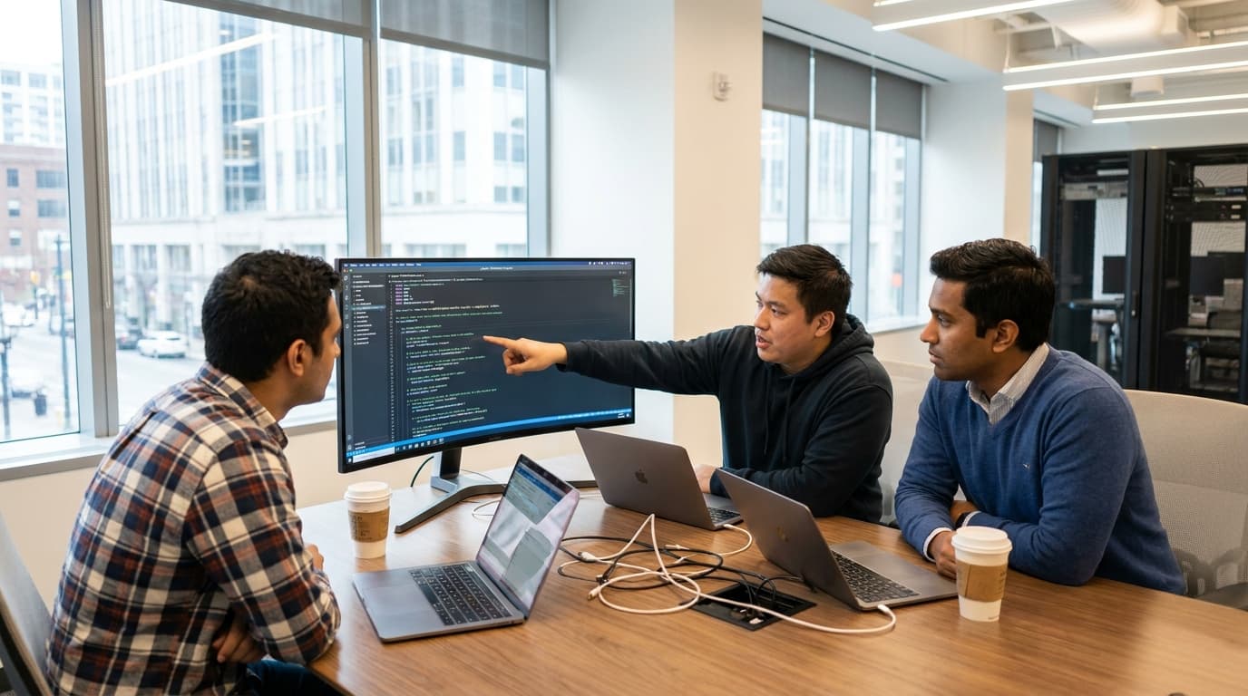 Three software developers discuss code for an AI system on a large monitor in a modern office setting.