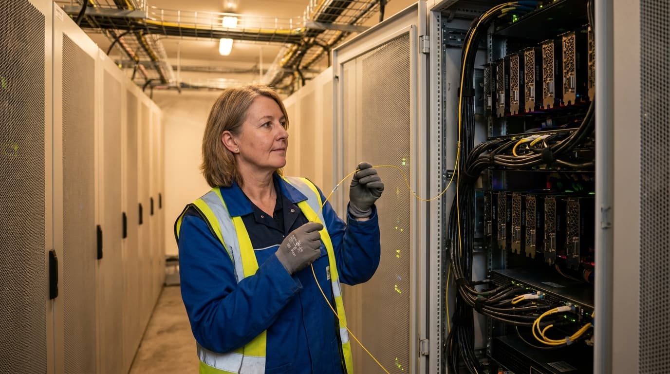 An engineer inspects a fiber optic cable in front of a server rack containing GPUs inside a modern data center.