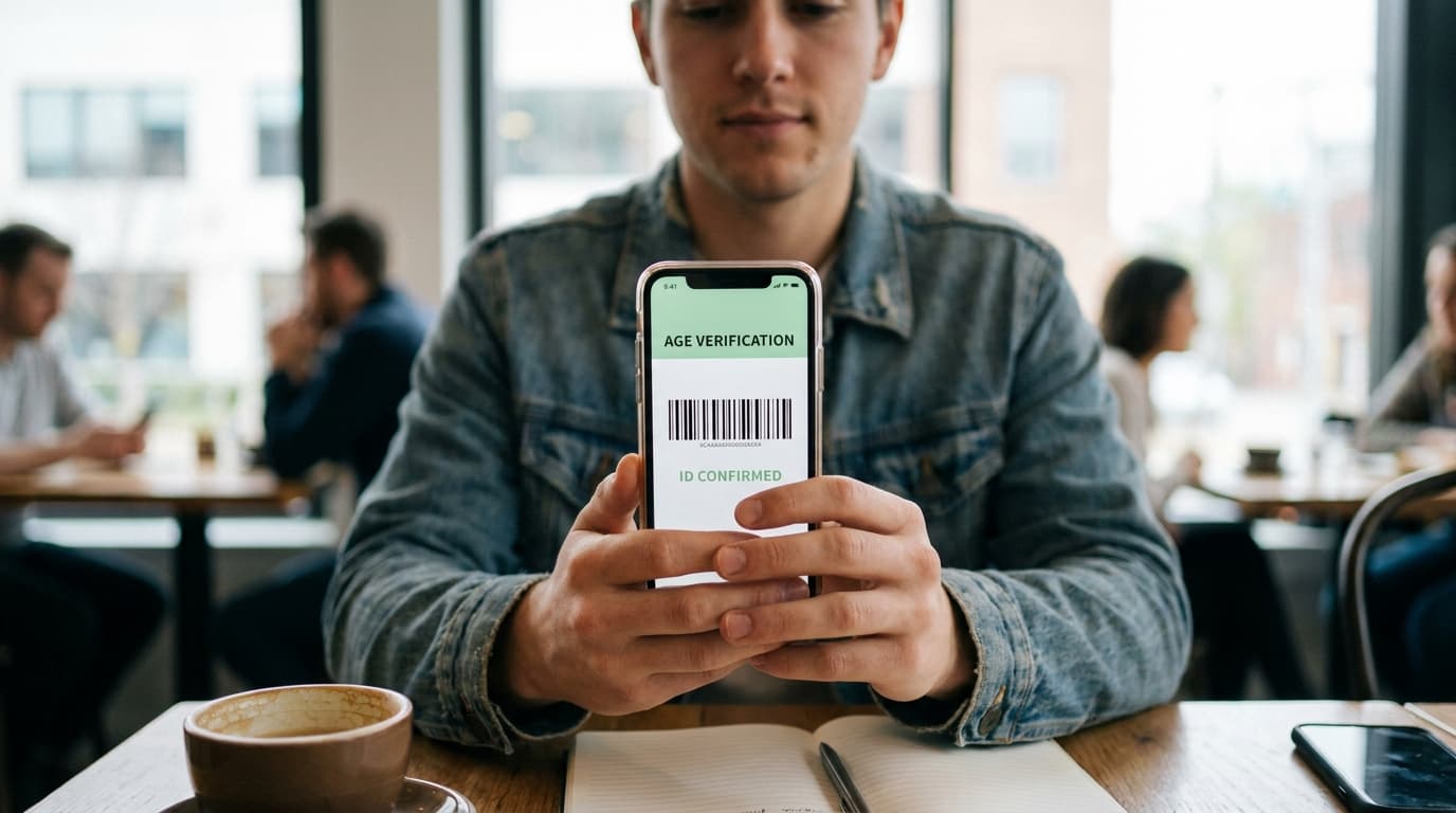 A person holds a smartphone showing a digital identity screen, completing an online age verification process.
