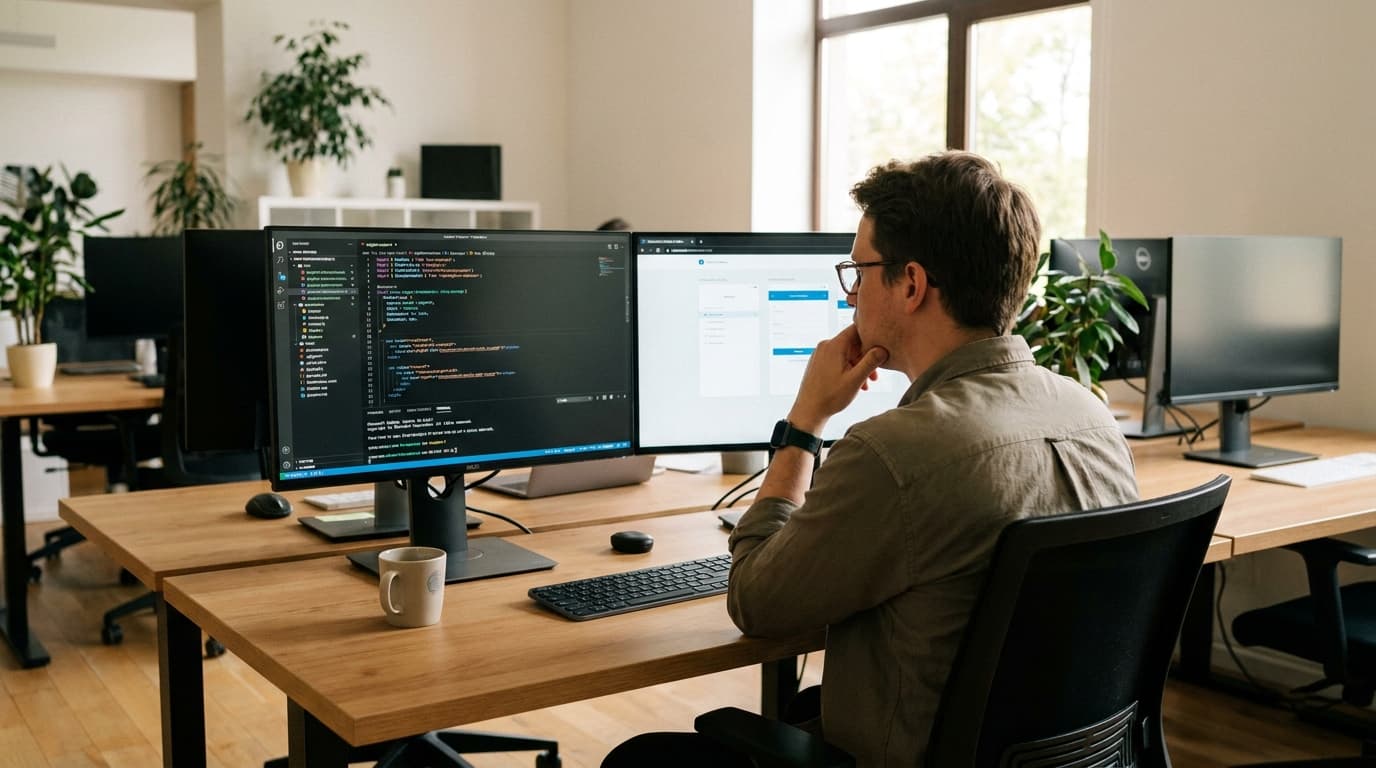 A developer at their desk reviewing Angular code for the NgRx 22 update on one screen and a web app on another.