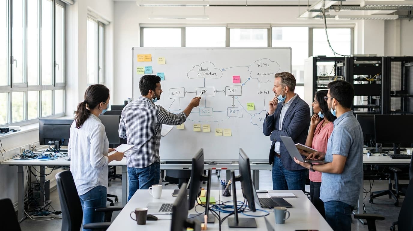 A group of software engineers in an office collaborating on a multi-cloud architecture diagram drawn on a whiteboard.