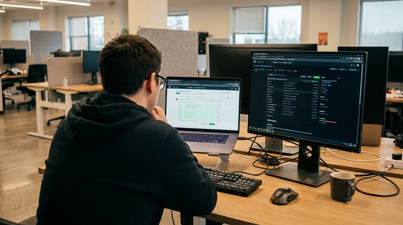 An engineer reviews a pull request on a laptop, with a code dashboard visible on a second monitor in an office setting.